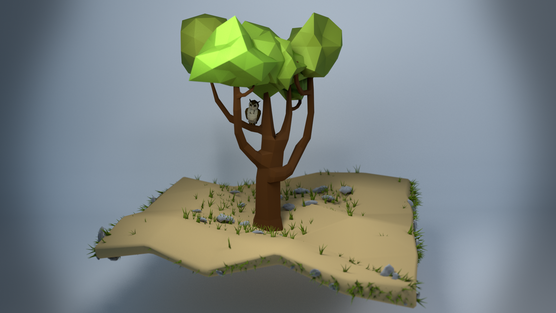 Low poly owl and tree on floating island